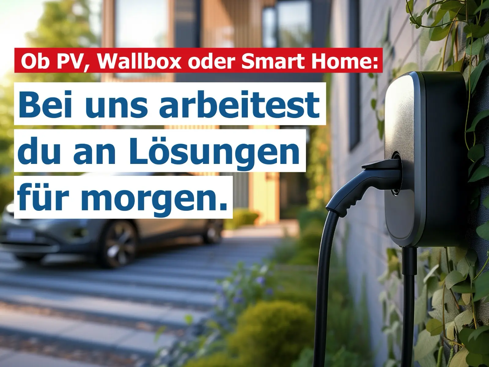 Nahaufnahme einer Wallbox mit angeschlossenem E-Auto und Text: Bei uns arbeitest du an Lösungen für morgen.